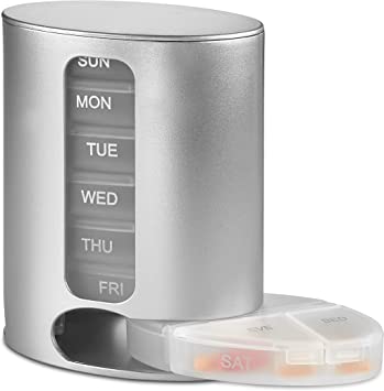 Stackable Daily Pill Organizer - Premium Weekly Medication Reminder with 7 Individual Stacking Cases - Weekly AM/PM Pill Box with 4 Times a Day, a Everyday Medicine Organizer for Vitamins, Silver