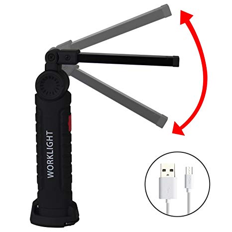 NVTED USB Rechargeable COB LED Flashlight, 5 Mode Foldable Handheld Work Light Lamp Torch with Rotating Hook & Magnetic Base