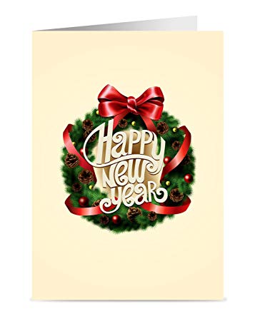 New Year Cards - One Jade Lane - Happy New Years Cards, 5x7, Heavy Stock, Set of 18 Holiday Cards & Envelopes, Christmas Cards.