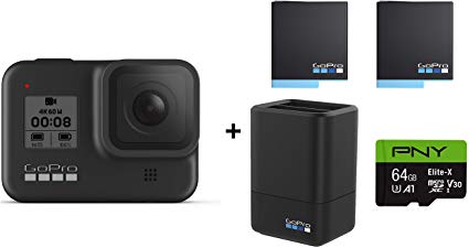 GoPro HERO8 Black Action Camera w/GoPro Dual Lithium-Ion Battery Charger with 2 Total Batteries   64GB Memory Card