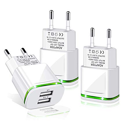 Europe Plug Adapter 3-Pack 2.1A/5V European Travel Dual USB Wall Charger Power Adapter for iPhone X 8 7 6 6S Plus, iPad, Samsung, LG, Moto, HTC, More Cell Phone