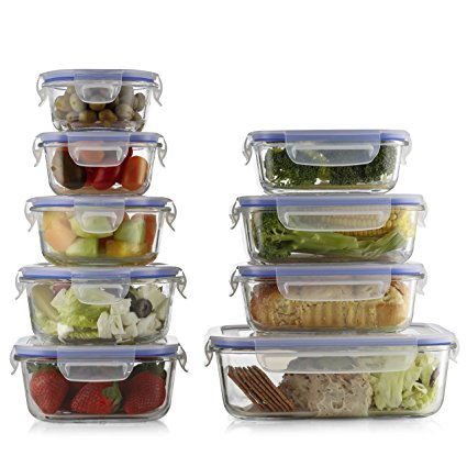 Prestee Premium 18-pc Glass Food Storage Set 9 Glass Bases And 9 Leak-Proof Airtight Snap Latch Plastic Lids - BPA Free - Oven Dishwasher Freezer And Microwave Safe.
