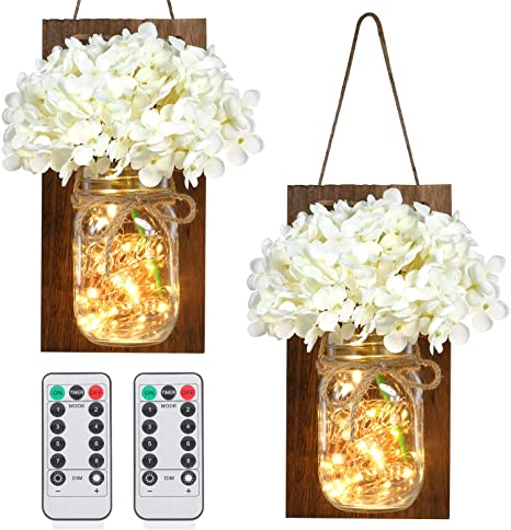 ODOM Rustic Wall Decor, Hanging Mason Jar Sconces with LED Fairy Lights and Milky White Silk Hydrangea Flowers for Kitchen, Bathroom, Bedroom, Living room, Farmhouse Home Wall Art Decor (Set of 2)