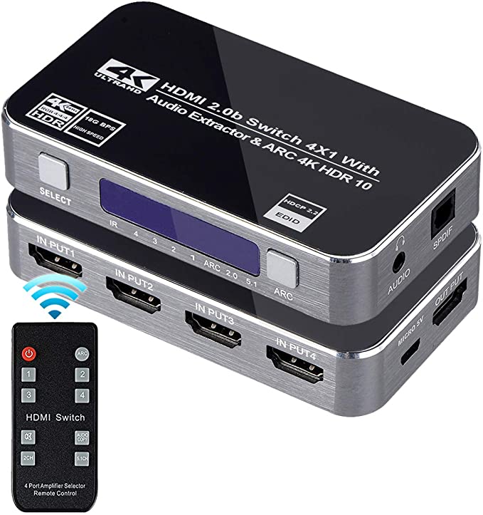 4K HDMI Switch 4x1, 4K@60Hz 4 in 1 Out HDMI Switcher with Audio Extractor Support ARC Function, HDMI2.0b HDCP 2.2 DTS-HD/Dolby-TrueHD/DTS/Dolby-AC3/ DSD (IR Remote Control)