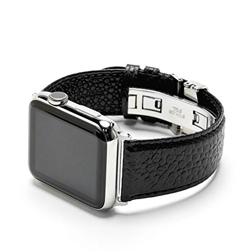 Apple Watch Band, Italian Caviar Premium Leather Strap with Automatic Stainless Steel Clasp for 42mm Apple Watch Models (by SONAMU New York) (Black)