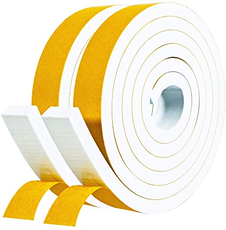fowong White Foam Weather Stripping- 2 Rolls, 1 Inch Wide X 3/8 Inch Thick, AC Window Insulation High Density Adhesive Foam Seal Tape Neoprene Rubber Seal Strip, 6.5 Ft X 2, Total 13 Feet