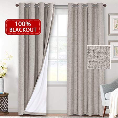 H.VERSAILTEX Primitive Linen Look 100% Blackout Curtains Waterproof Burlap Fabric Curtains with White Thermal Insulated Liner, Grommet Top Curtains Living Room/Bedroom (2 Panels, 52 x 84 Inch, Taupe)