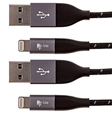 K-ble 2 PACK - 3.3 FT Premium Braided Lightning to USB Cable for Apple iPhone 6 / 6 Plus / 6S / 5 / 5C / 5S, iPad Air, iPad Mini and iPods (Black/Grey Color)