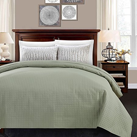 ALPHA HOME Quilted Bed Quilt Bedspread Coverlet Bed Cover Light Weight Luxury Checkered Pattern - Sage, Twin