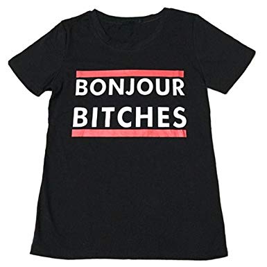 QIYUN.Z Casual Bonjour Bitches Printed T-Shirts Short Sleeve Women Summer Blouses