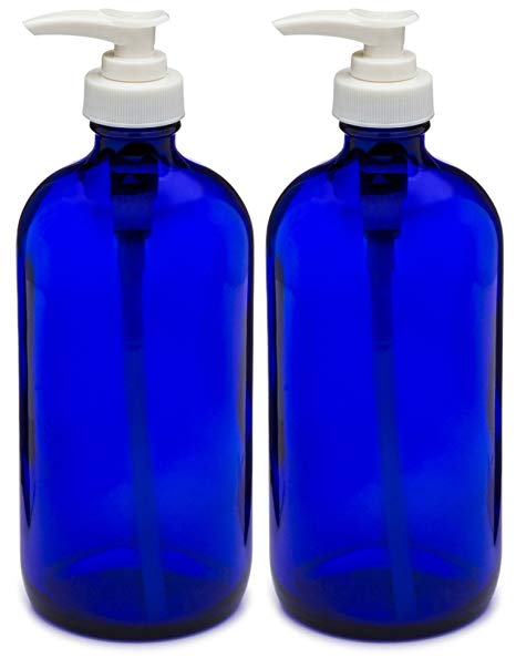 Sally's Organics 16oz Blue Glass Container White Soap Dispenser ~ 2 Pack
