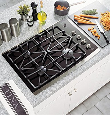 Profile 30" Gas Cooktop with 4 Sealed Burners PowerBoil 15 000 BTU Burner Ceramic Glass Cooktop Control Lock Capability and ADA Compliant: Black Surface with Stainless Steel