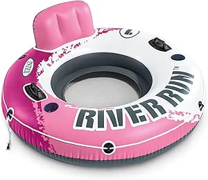 INTEX 58824EP River Run 1 Inflatable Floating Lounge: Comfortable Backrest – Built-in Cup Holders – Durable Grab Handles – All Around Grab Rope – 220lb Weight Capacity – Pink