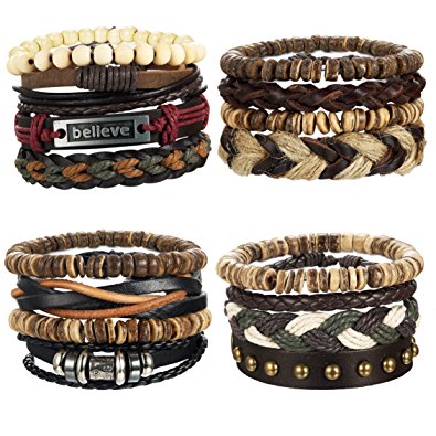 LOYALLOOK 8-16pcs Mens Leather Bracelet Wrap Cuff Bracelets with Hemp Cords Wood Beads Ethnic Tribal Believe Charm