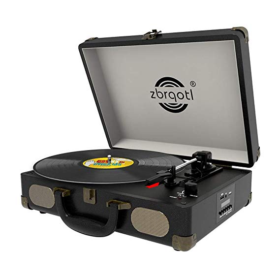 Vinyl Record Player - Vintage Suitcase Turntable 3 Speed for 7〞10〞12〞 LP Bluetooth 2 Stereo Speakers 9V 1.5A DC in Standard RCA Headphone Outputs,Black (Black)