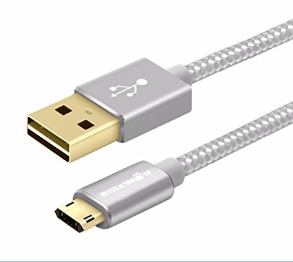 Reversible Braided Micro USB Cable, BlitzWolf 3ft Double Sided Plugable USB Micro B Charger and Data Cord for Android Phone, Samsung Galaxy S6 Edge, Note 5 Edge, HTC M9, Xperia Z3 Z2, Moto X (Silver)