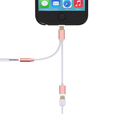 iQbe 2 in 1 Lightning to 3.5mm Headphone Jack Adapter & USB Charging Cable for Apple iPhone 7 / iPhone 7 Plus-Rose Gold
