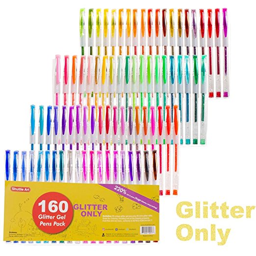 160 Pack Glitter Gel Pens Set, Shuttle Art 220% Ink Glitter Gel Pen 80 Colored Gel Pens plus 80 Refills for Adult Coloring Books Craft Doodling