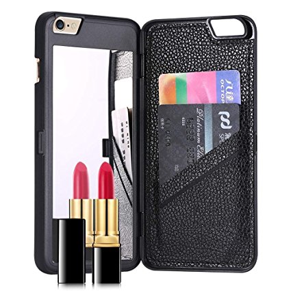 iPhone 6 Plus Case & iPhone 6s Plus , FLOVEME [Hidden Mirror Series] Wallet Credit Card Slots Kickstand Holder Hard PC Back Cover for Apple iPhone 6 Plus and iPhone 6s Plus 5.5 inch - Black
