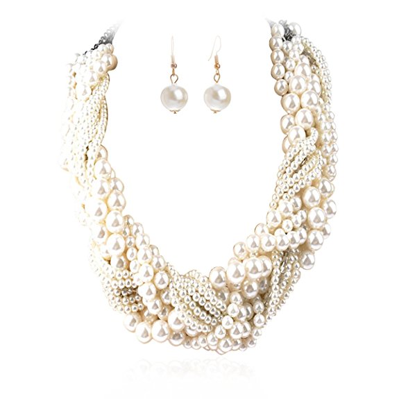 IPINK Women's Fashion Jewelry Pearl Multi-pearl Necklace Chokers Chains Earring Jewelry Set