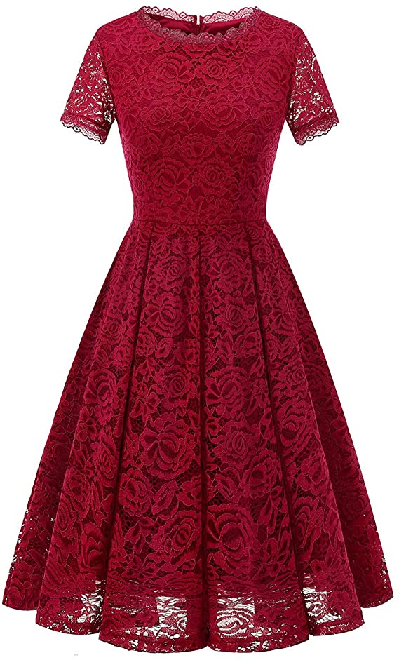 DRESSTELLS Women's Bridesmaid Elegant Tea Dress Floral Lace Cocktail Formal Swing Dress