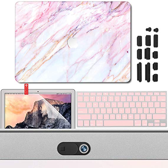 GMYLE MacBook Air 13 Inch Case A1466 A1369 Old Version 2008-2017 Accessories 5 in 1, Logo Cutout Hard Shell, Privacy Webcam Cover Slide, Anti Dust Plugs, Keyboard Cover Screen Protector - Pink Marble