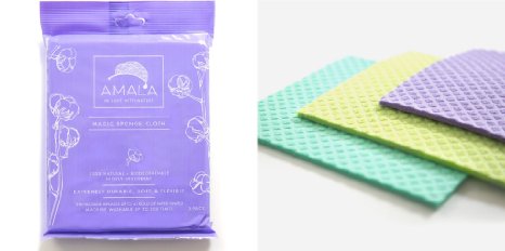 Amala Magic Sponge Cloth 100% Natural, 100% Biodegradable, 100% Vegan, NON-GMO, (3-Pack)