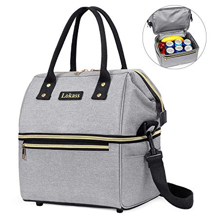 UTOTEBAG Insulated Lunch Bag Double Decker Lunch Bags for Women Lunch Box Cooler Tote Bag with Removable Shoulder Strap Thermal Lunch Organizer Drinking Holder for Men Outdoor Work Beach,Grey