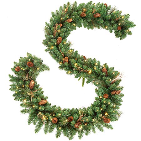 OasisCraft 9FT Christmas Garland Decorations with 20 Pine Cones, Branches and 50 Battery Operated Warm Lights and Timer