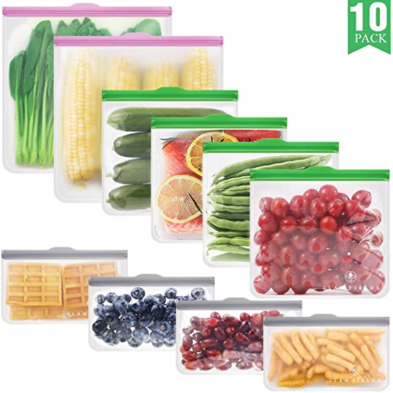 GLAMFIELDS Reusable food Storage Bags - 10 Pack Leakproof Freezer BPA FREE Bag(2 Reusable Gallon Bags   4 Reusable Sandwich Bags   4 Reusable Snack Bags) (2 Gallon 4 Sanswich 4 snack)