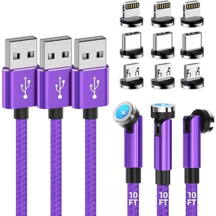 Magnetic Charging Cable [3-Pack,10FT/10FT/10FT] 540° Rotating Magnetic Phone Charger 3 in 1 Magnetic USB Cable with LED Light Nylon Braided Magnetic Charger for iPhone/Micro USB/Type C Device-Purple