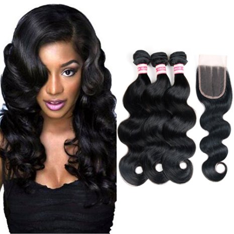 Fabeauty Body Wave Peruvian Human Hair 3 Bundles with Closure 100% 7a Unprocessed Virgin Peruvian Hair Body Wave with Closure Human Hair Extensions Bundles with 3 Part Closure(4*4) (8 8 8+8)