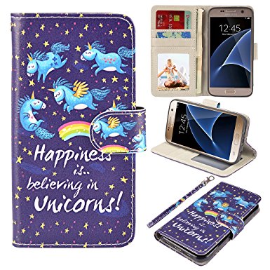 S7 Case, UrSpeedtekLive Galaxy S7 Wallet Case, Premium PU Leather Wristlet Flip Case Cover with Card Slots & Stand for Samsung Galaxy S7 ,Unicorn