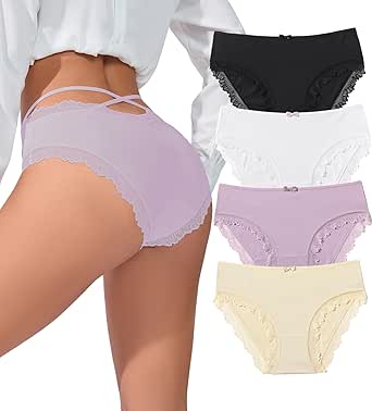 Avidlove Women's Underwear Lace Trim Classic Briefs Crisscross Back Panties 4 Packs