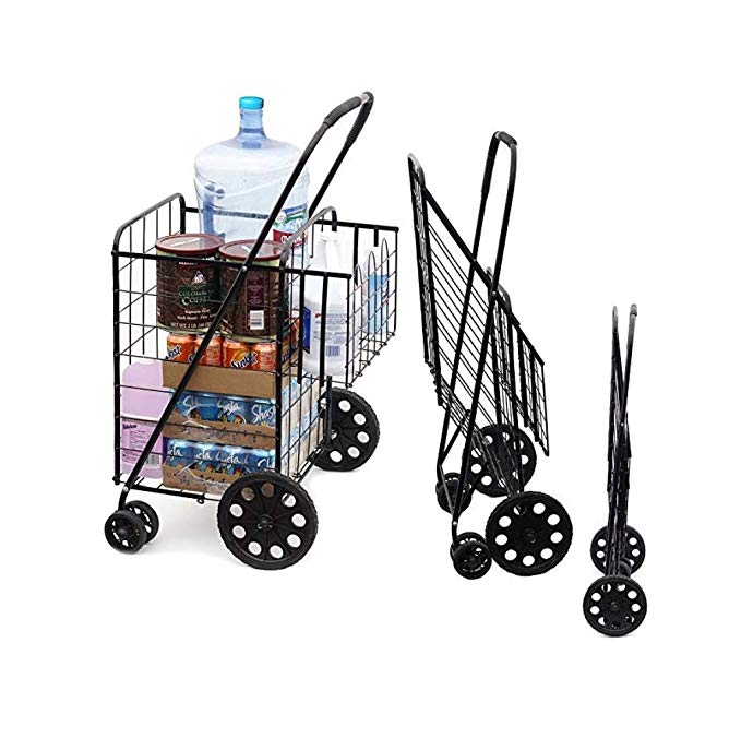 Portable Double Basket Heavy-Duty Folding Shopping Cart w/Front Swivel Wheels - Fits in Trunk OR Back Seat - Never Make Two Grocery Trips Again - (Liner Included)
