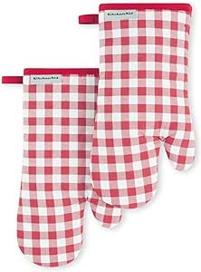 KitchenAid Gingham Oven Mitt 2-Pack Set, Passion Red, 7"x13"