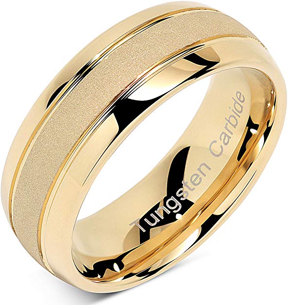 100S JEWELRY Tungsten Rings for Men Women Gold Wedding Band Sandblasted Finish Dome Edge Sizes 6-16