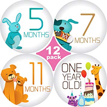 Original Stick'Nsnap(TM) 12 unisex "Happy Animals" (TM) milestones stickers. 3.25”