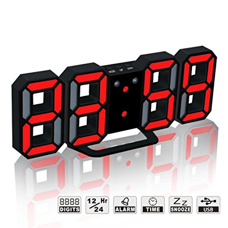 LED Digital Alarm Clock For Desk / Shelf / Tabletop, Modern Home Decoration 3D Wall Clock, Easy To Read at Night, Loud Alarm and Snooze, Big Digit Display (Black Frame, Red Light)