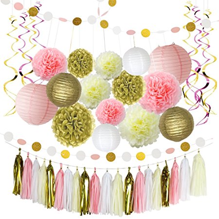 Pink and Gold Birthday Decorations, Pom Poms Flowers ,Paper Garland, Paper lantern, Tassels, Hanging Swirl for 1st Birthday Girl Decorations Kids Birthday Bridal Shower Baby Shower by Litaus