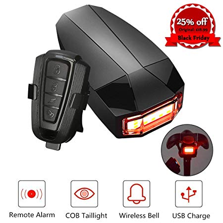 OUTERDO Anti-Theft Bike Rear Light with Remote Control,3 in 1 Taillight Bicycle Wireless Tail Light Cycling Alarm Bike Bell COB bead USB Charging Waterproof