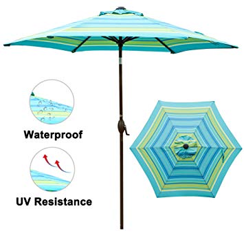 Abba Patio Turquoise Striped Outdoor 9-Feet Table Umbrella with Push Button Tilt and Crank Lift