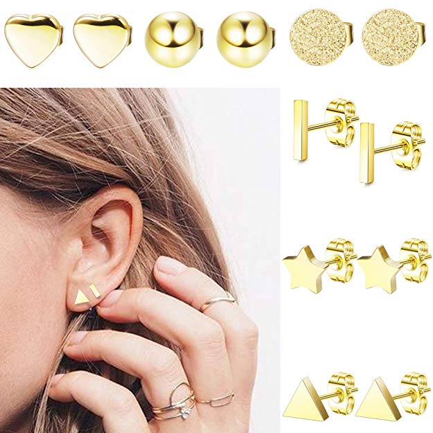 LOLIAS 6 Pairs Stainless Steel Stud Earrings Set for Women Girls Bar Heart Ball Star Triangle Ear Piercing