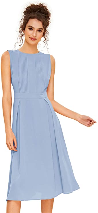 Milumia Women's Elegant Frilled Long Sleeve Pleated Fit & Flare Dress