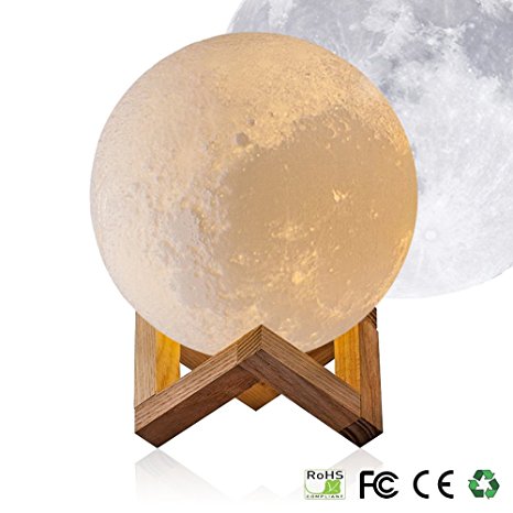 3D Priting Moon Lamp, Evershop Rechargeable LED Night Light Bed lights Christmas Decoration Childrens Lamps Desk Lamp with Wooden Stand (3.9 inch)