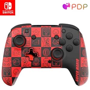 PDP REMATCH GLOW Enhanced Wireless Nintendo Switch Pro Controller, Rechargeable 40 hour battery power, Dual Programmable Gaming Buttons, 30-foot Connection, Super Mario Icon (Black/Red Glow in the Dark)