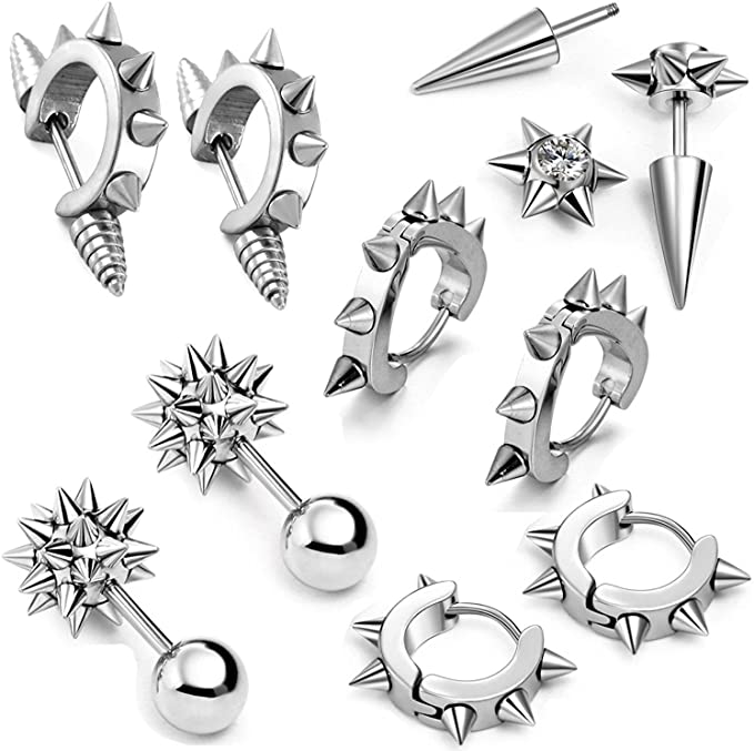 Aroncent 10 PCS Stainless Steel Men Women Ear Stud Earring Huggies Piercing Spike Rivet Cone Taper Silver