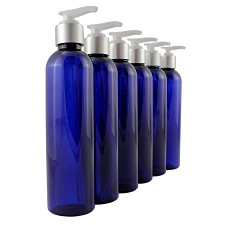 8oz Cobalt Blue Plastic Cosmo Style Bottles with White Lotion Pump Tops (6-pack); Bullet Style PET Bottles Great for Shampoo, Lotions, Creams, Liquid Soaps & More