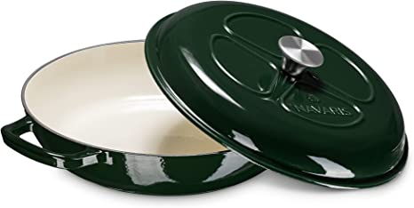 Navaris Enamelled Casserole Dish - 3.5 Litre Shallow Cast Iron Oven Dish Pot with Lid for Cooking - Gas, Induction Safe Non-Stick Dutch Oven - Green