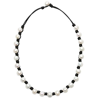 PearlyPearls Freshwater Cultured Pearl Choker Necklace with White Pearls Bead on Leather Cord Choker for Women